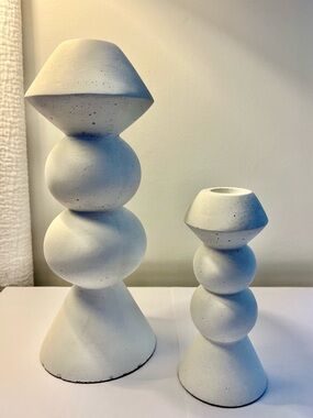 Modern Geo Stacked Shaped Minimalist White Candle Holder Set